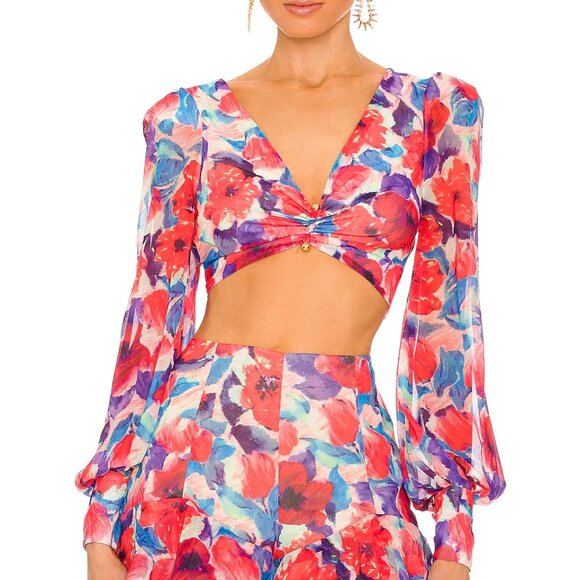 Women PatBo Red Blue Violet Floral Cropped Blouse Top 4 - Picture 1 of 8